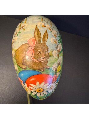 Vintage West German Paper Mache Easter Egg With Bunny & Floral Design